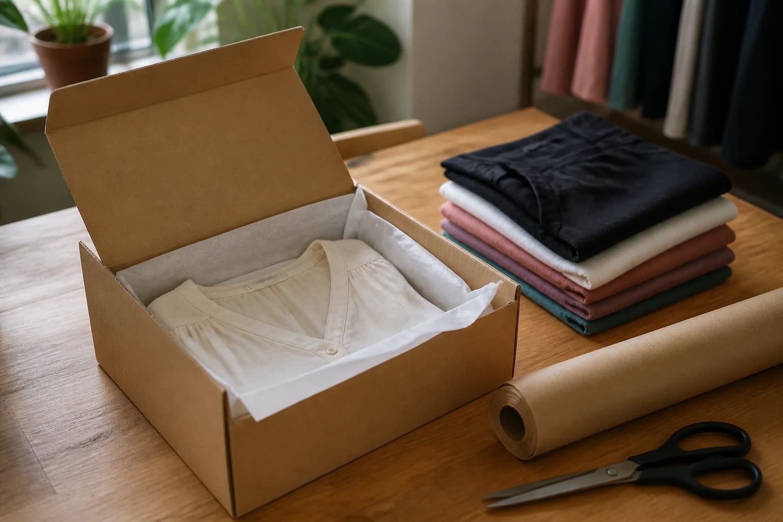 Pedido de ropa preparado en una caja, listo para enviar