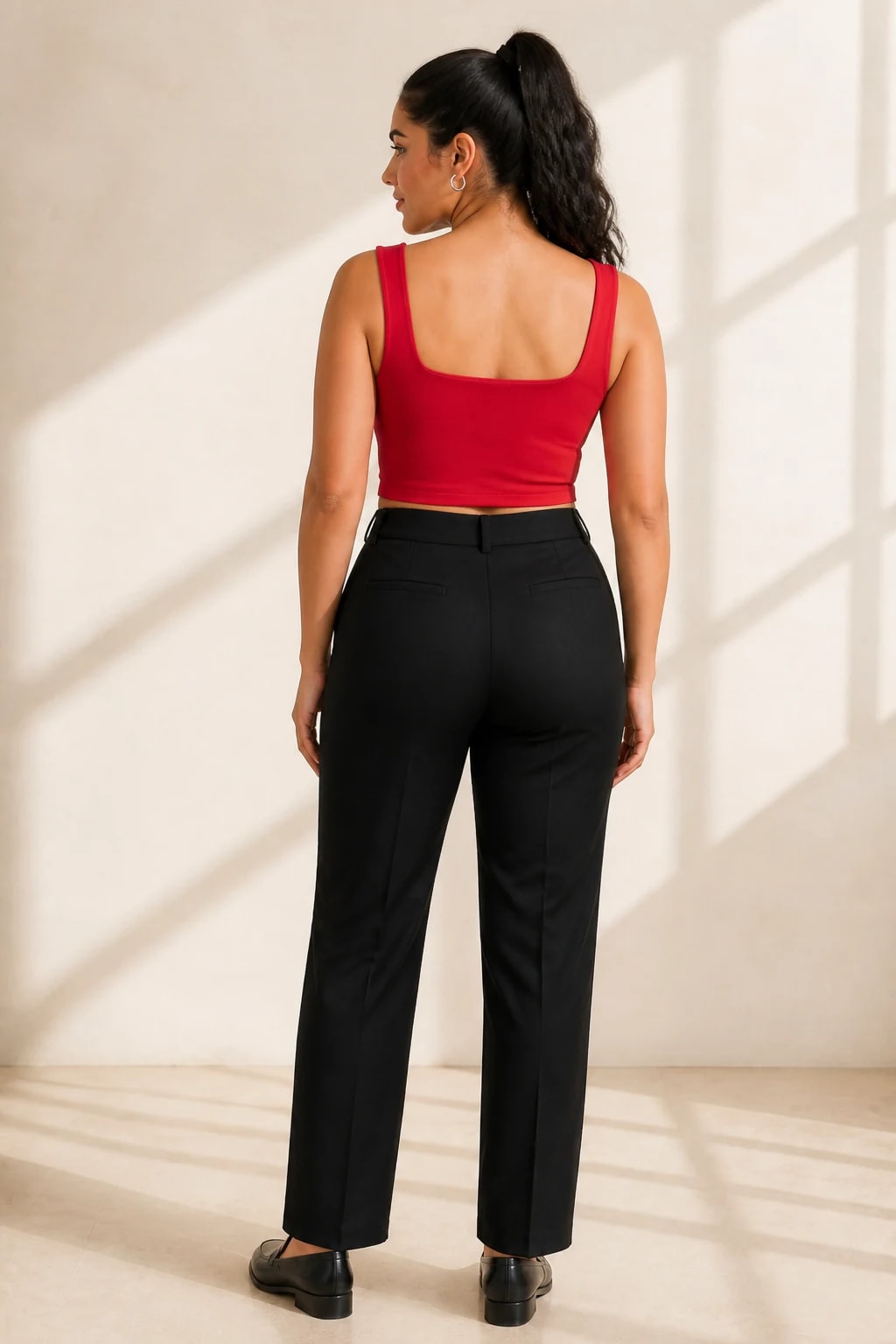 Tank escote cuadrado en rojo, vista de espalda en modelo