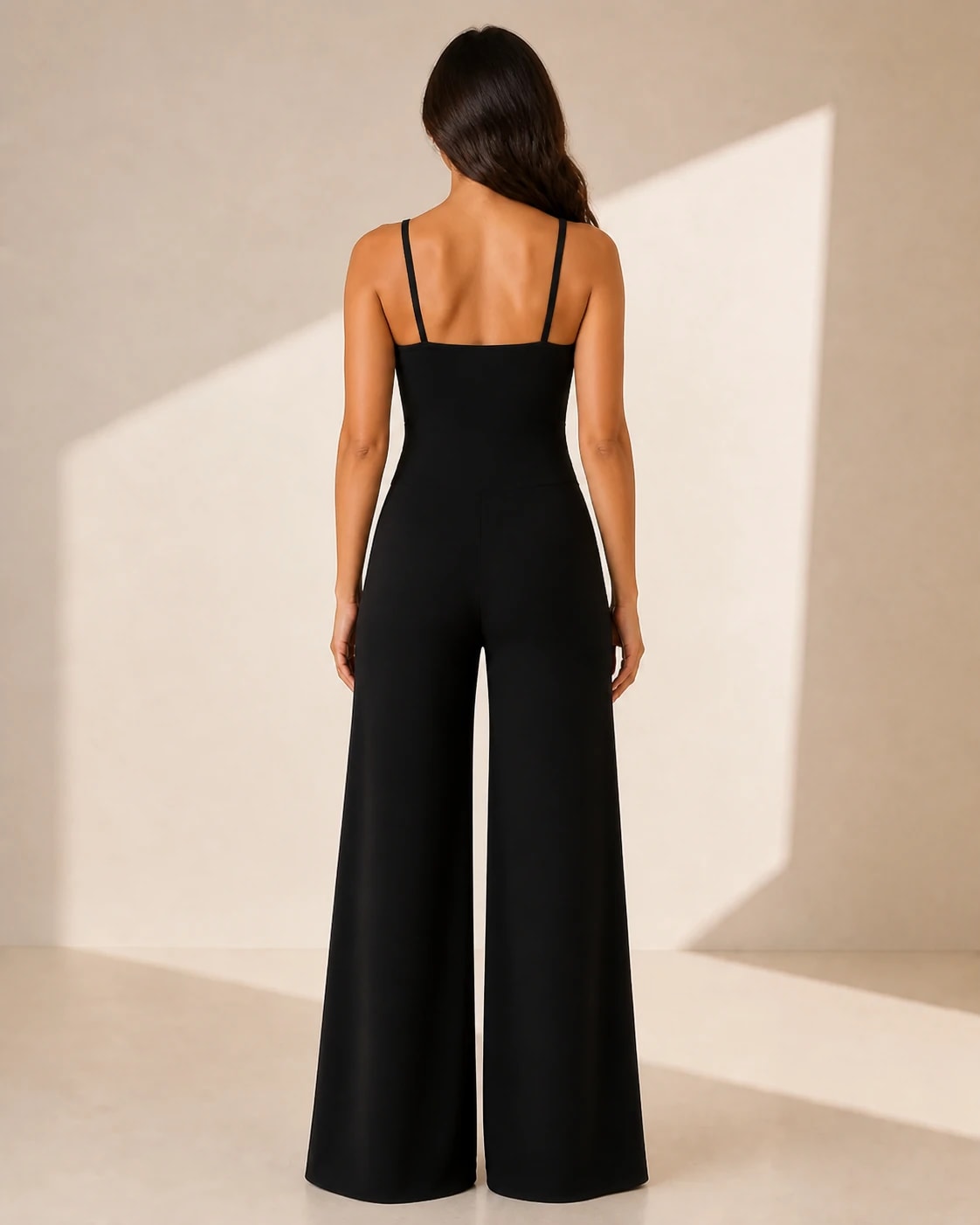 Jumpsuit escote cuadrado palazzo en negro, vista de espalda en modelo
