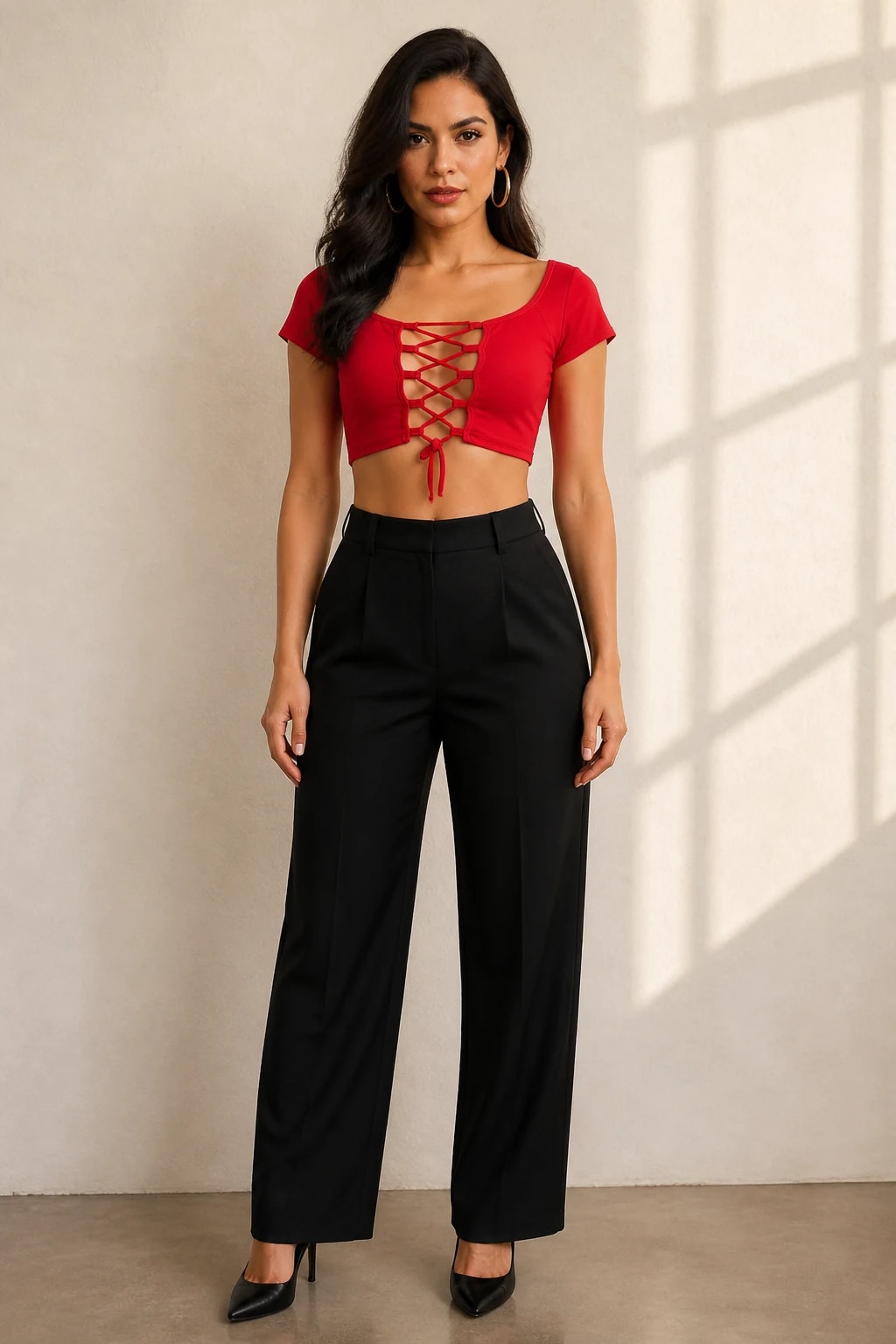 Crop lace-up, color Rojo, vista frontal