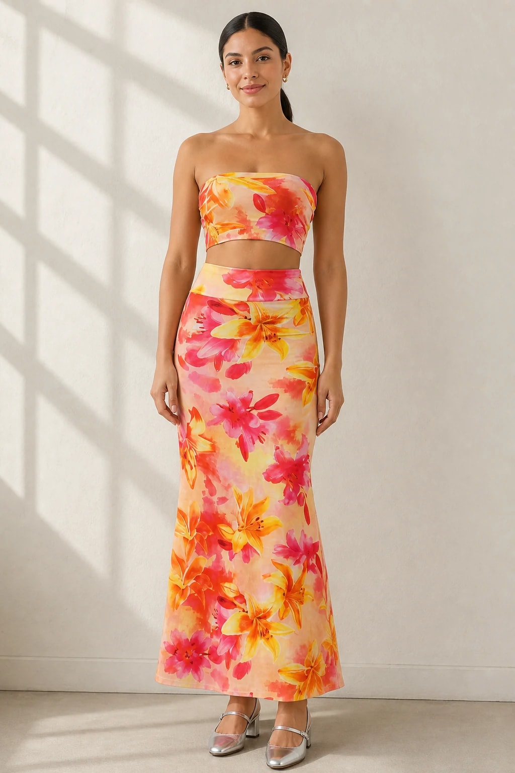 Conjunto floral naranja, vista frontal en modelo