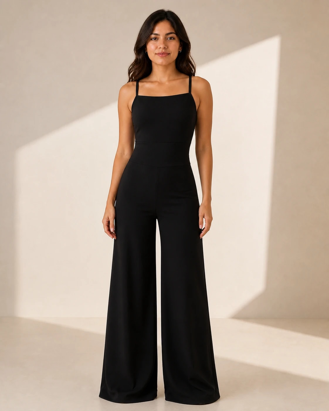 Jumpsuit escote cuadrado palazzo, color Negro, vista frontal